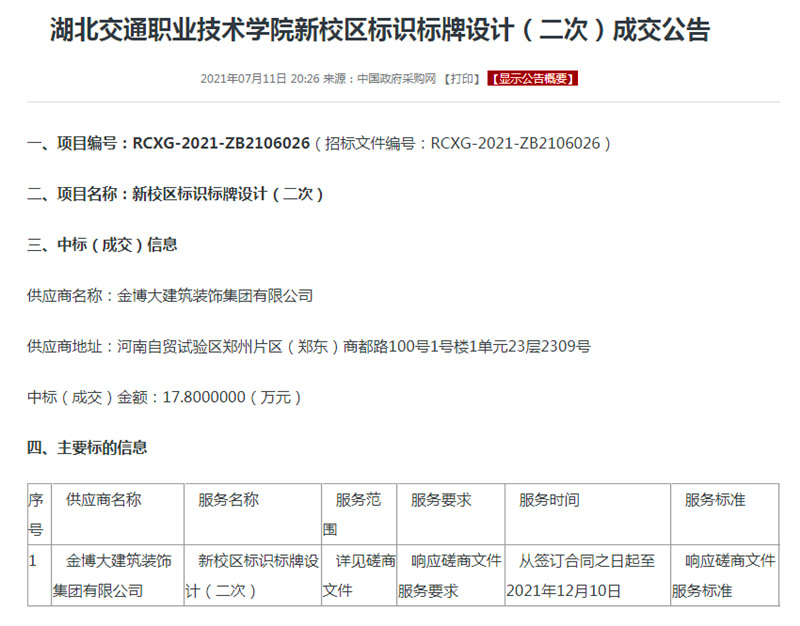 中标|贺摩斯国际建筑装饰集团中标湖北交通职业技术学院新校区标识标牌设计项目(图1) 中标湖北交通职业技术学院